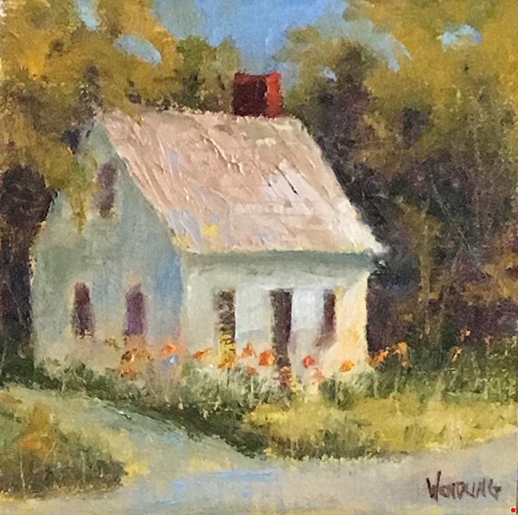 a painting of a white house in the woods