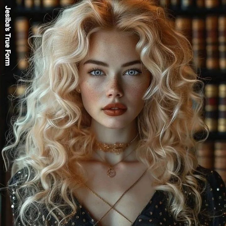 a woman with blonde hair and blue eyes wearing a choker in front of bookshelves