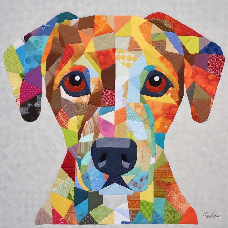 a painting of a dog made up of different colored squares