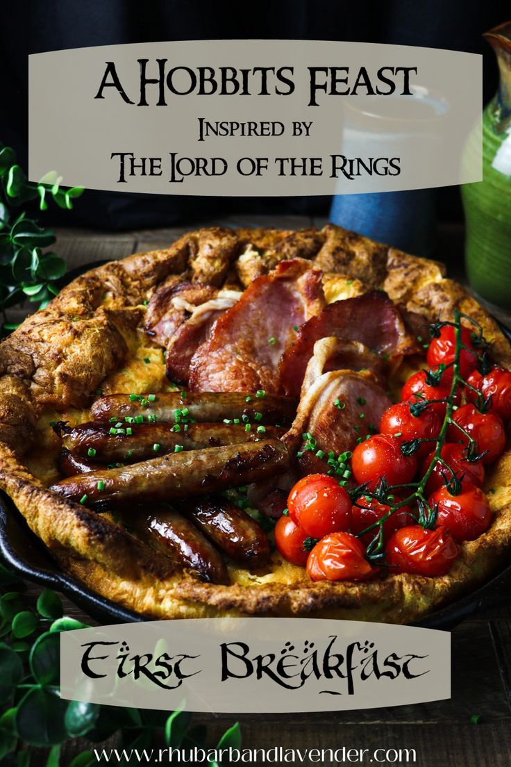 an advertisement for the lord of the rings, featuring meat and tomatoes on a pie