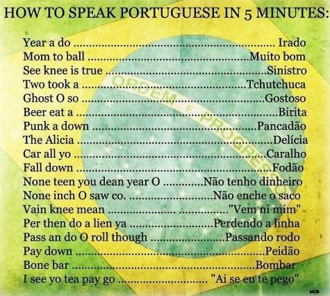 the instructions for how to speak portuguese in 5 minutes with pictures and text on it