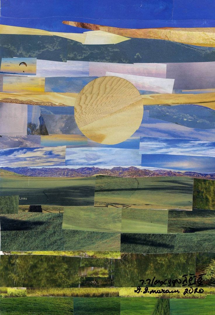 a collage of different images with mountains in the background and clouds above them,