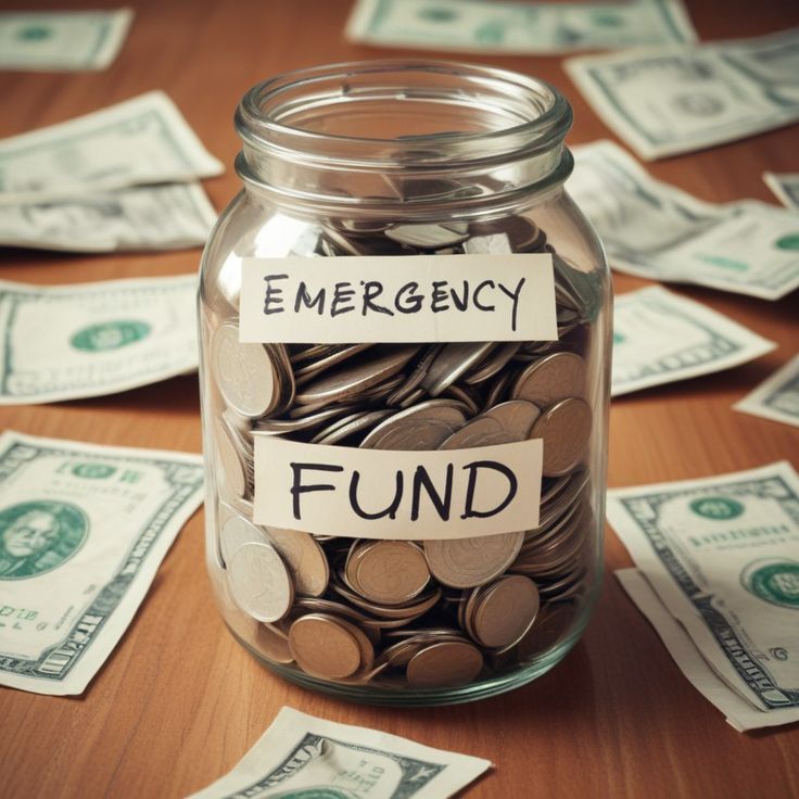 a glass jar filled with money labeled emergency fund sitting on top of a wooden table