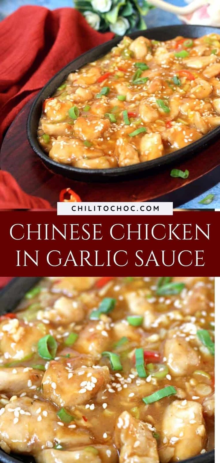 chinese chicken in garlic sauce with text overlay