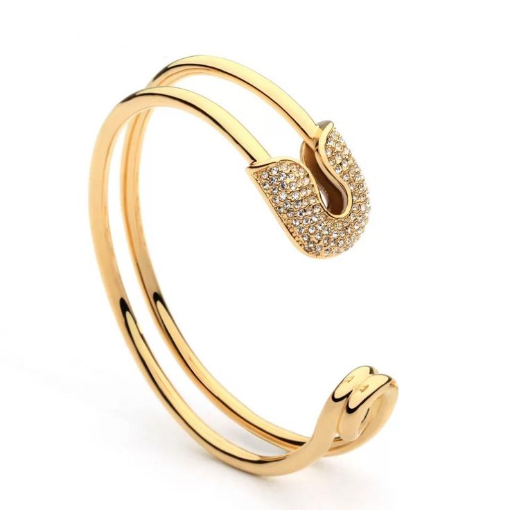 Tired of playing it safe? Looking for that edgy and creative look to spice up your look? The Safety Pin Cuff is the perfect cuff to just throw up and go! It adds a unique look that will have people wondering how you look so chic and daring! Hypoallergenic Tarnish and Water Resistant 18K Gold Plated over Sterling Silver Gift Wishlist, Unique Silver Jewelry, Rhinestone Material, Crystal Bangle, Jewelry Bracelets Gold, Bracelets Gold, Safety Pins, Stacked Jewelry, Jewelry Lookbook