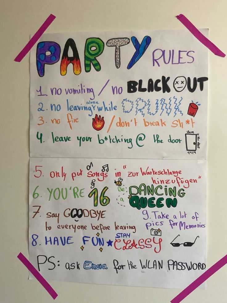 two signs on the wall that say party rules and no one will be black out