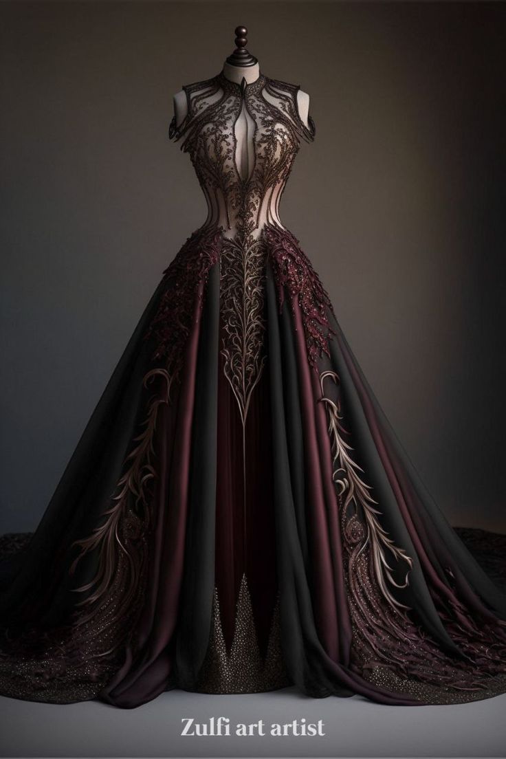 Gothic dress. Welcome to my fantasy world. My fantasy art created with AI. More you can find on my Tik-Tok @aibubonika Maleficent Wedding Dress, Medieval Fantasy Dress Warriors, Warrior Wedding Dress, Norse Wedding Dress, Dark Fantasy Gown, Nye Vibes, Norse Wedding, Armour Dress, Vampire Ball