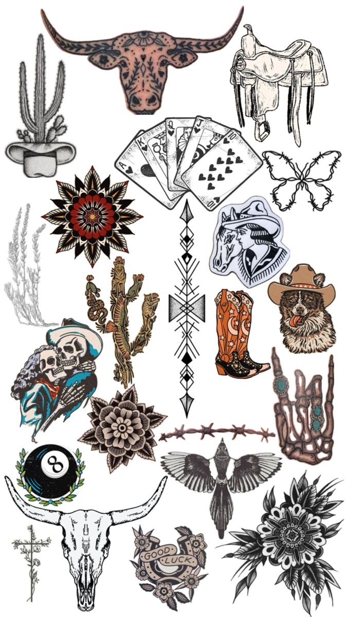 an image of various tattoos on a white background with the words wild west written in it