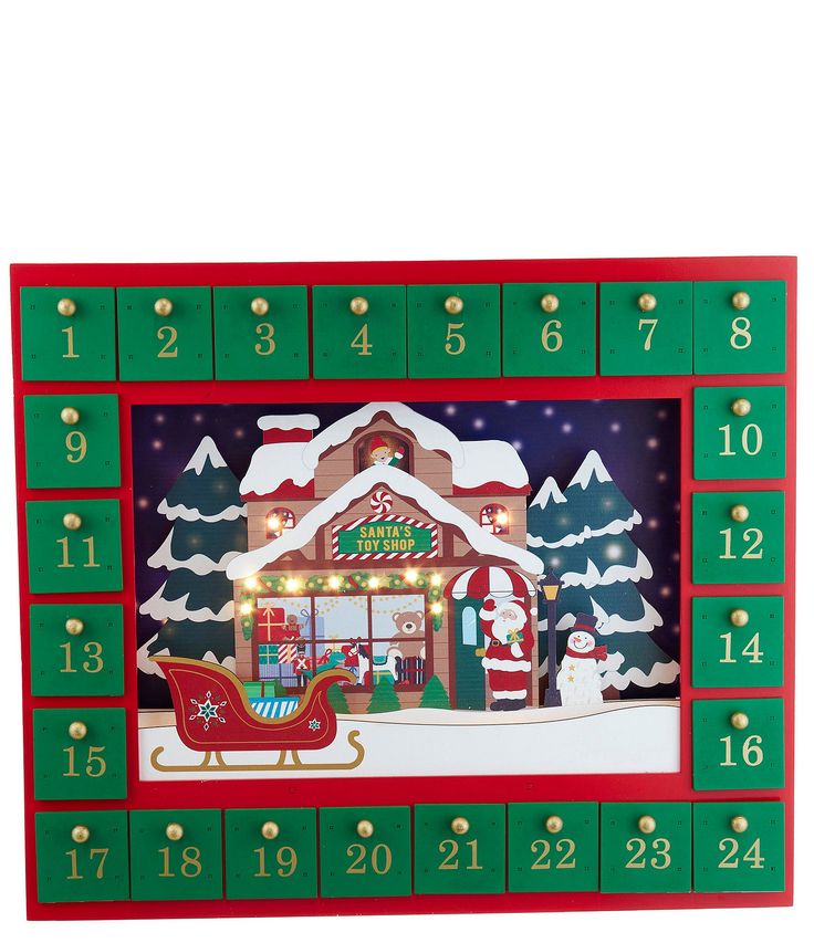 a wooden calendar with a santa's sleigh on it