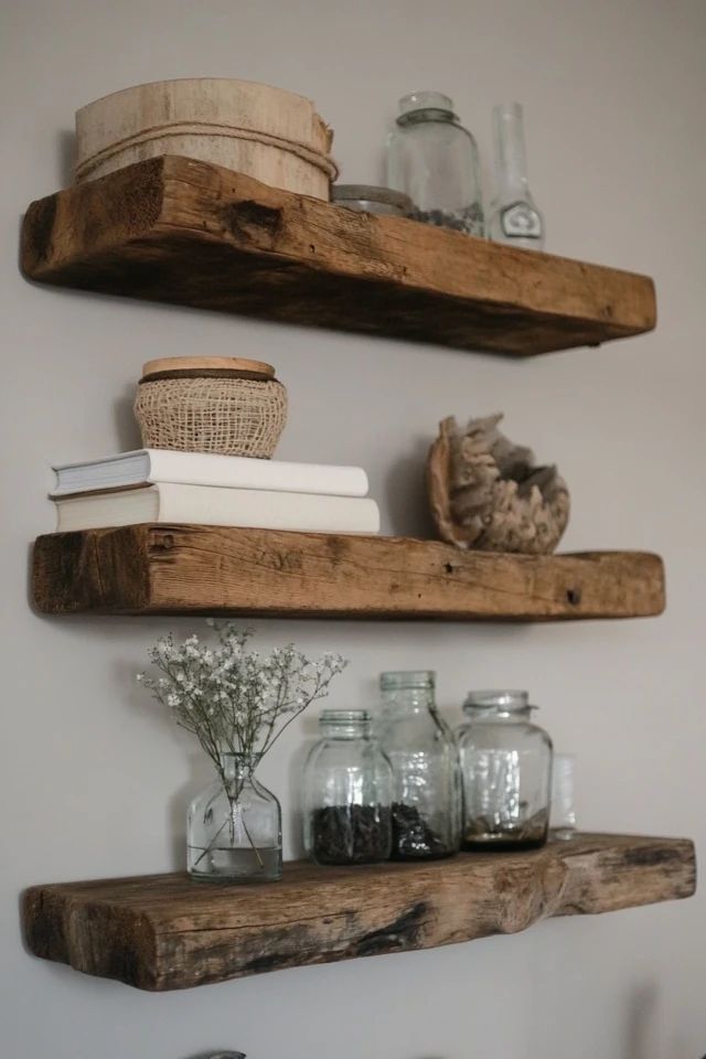 two wooden shelves with books and jars on them