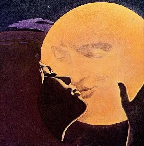 a painting of a woman kissing the moon