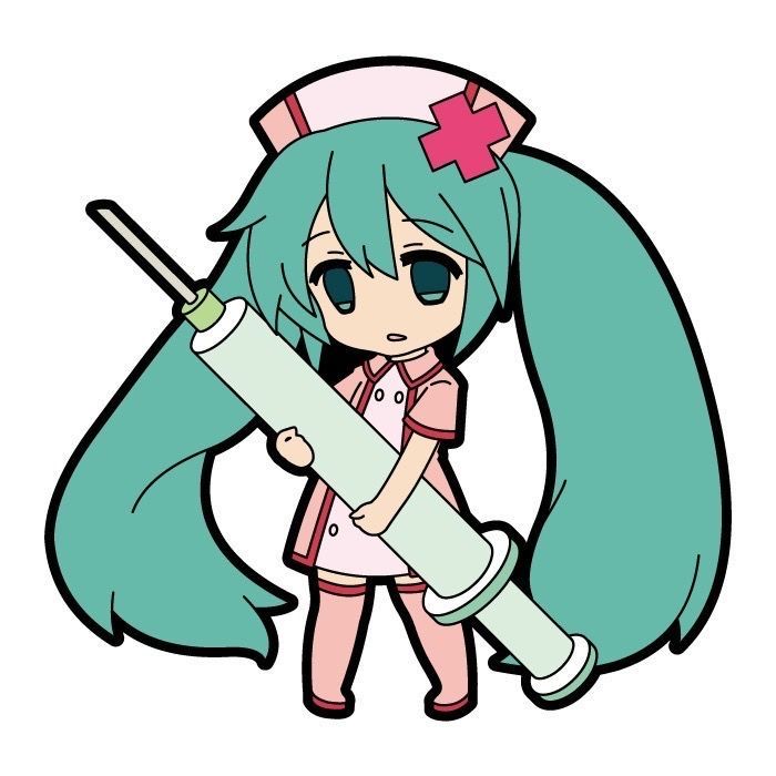 an anime character with long hair holding a large sys in one hand and wearing a nurse's cap on her head