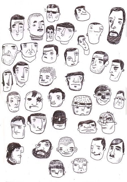 a bunch of different faces drawn in black ink on white paper, with one man's head surrounded by other men's heads