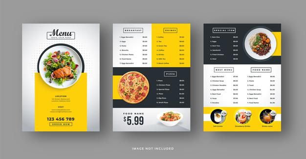 a restaurant menu design with yellow and black accents on the front, side and back