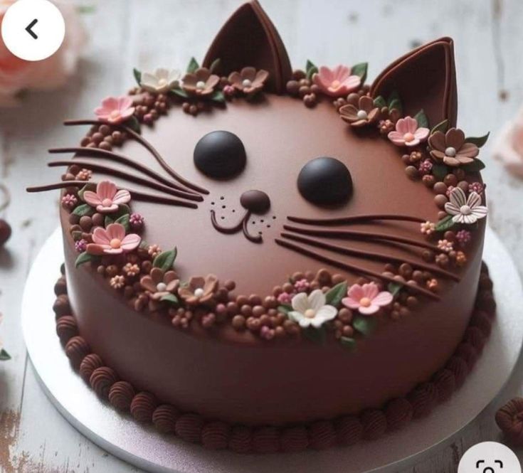 a chocolate cake decorated with flowers and a cat's face