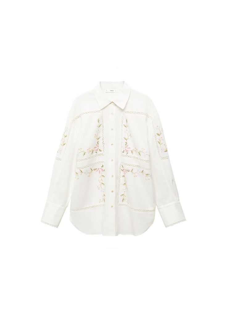 Oversized shirt with embroidered detail -  Women | Mango USA Cotton Blouse With Embroidered Cuffs For Work, Collared Tops With Embroidered Cuffs For Work, Cotton Tops With Embroidered Cuffs For Work, Cotton Top With Embroidered Cuffs For Work, Summer Workwear Blouse With Embroidered Cuffs, Long Sleeve Cotton Blouse With Embroidered Cuffs, Cotton Work Shirt With Embroidered Cuffs, Cotton Embroidered Long Sleeve Top, Long Sleeve Cotton Embroidered Top With Cuffs