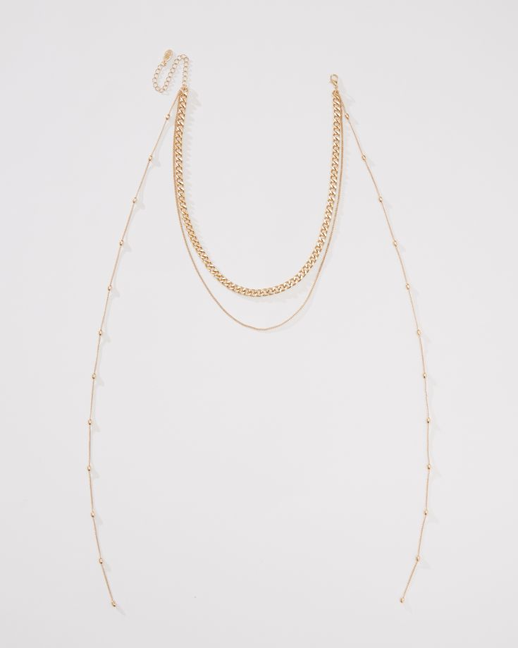 24k gold plated Hypoallergenic Pre-layered necklace. Curb chain. Cable chain with round gold beads. Lobster clasp Measurements approx. Shortest chain: 15" Longest chain: 16.25" Extender: 3.5" Gold-tone Multi-strand Necklaces For Layering, Minimalist Gold Body Chain, Gold Pearl Chain Body Chain As Gift, Gold Pearl Body Chain For Gift, Gold Long Chain Layered Necklace, Gold Layered Long Necklace With Chain, Multi-strand Gold-plated Necklace With Gold Chain, Gold Plated Multi-strand Chain Necklaces, Gold Choker Necklace With Pearl Chain