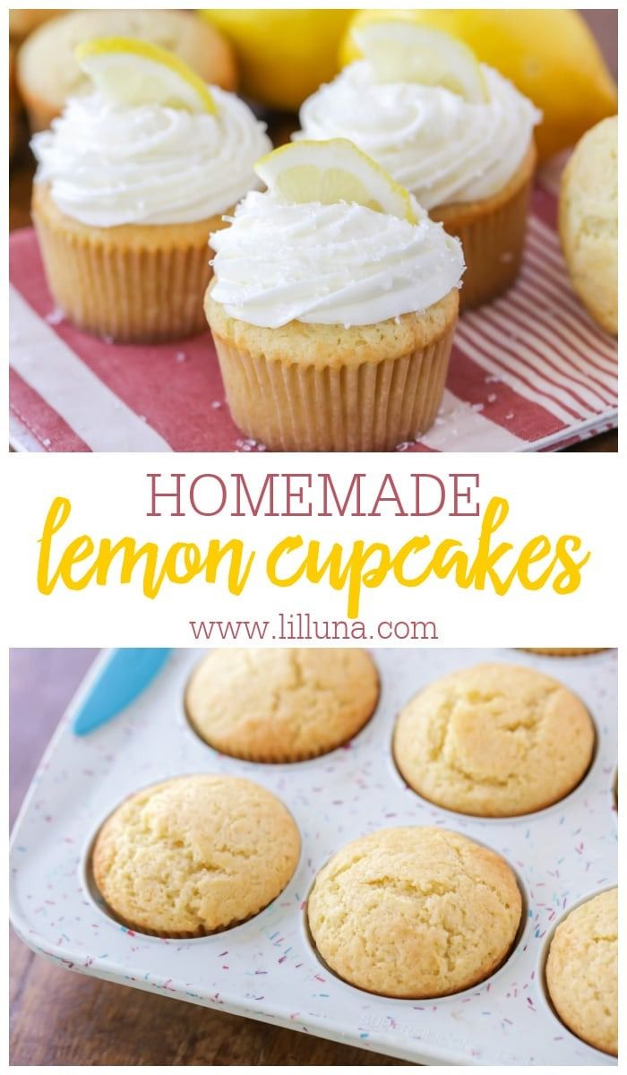 lemon cupcakes with white frosting in a muffin tin