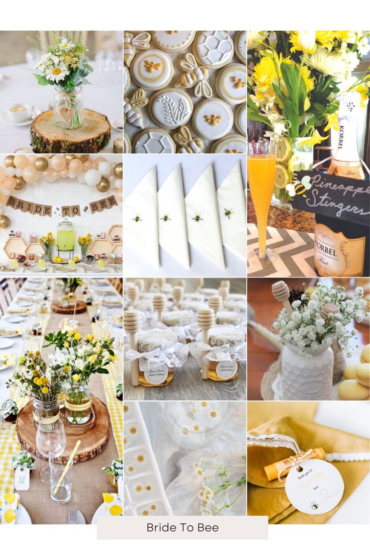 a collage of photos with yellow and white flowers in vases, plates, napkins