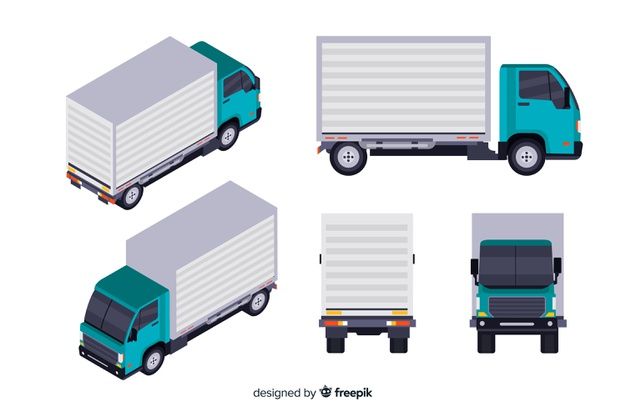 four different types of delivery trucks with flatbeds on the back and side view