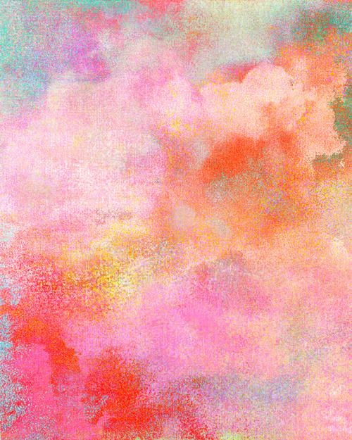 an abstract painting with pink, yellow and green colors on it's surface in the sky