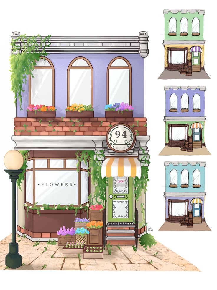 an image of a building with flowers on the front and second story, along with a clock