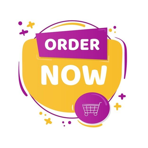 an orange and purple sign that says order now with a shopping cart in the center