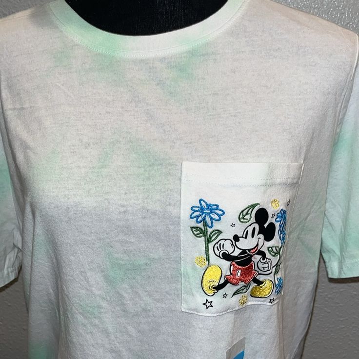 Disney Mickey Mouse, T-Shirt, Green And White With A Pocket On The Front With Design Of Mickey Size Extra Large, Very Soft Frozen Shirts, Disney T Shirt, Mickey Mouse T Shirt, Vintage Chanel Handbags, Disney T, Disney Tshirts, Knit Tees, Retro Floral, Rainbow Stripes