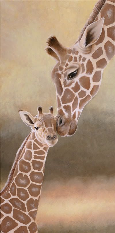 two giraffes standing next to each other in front of a cloudy sky