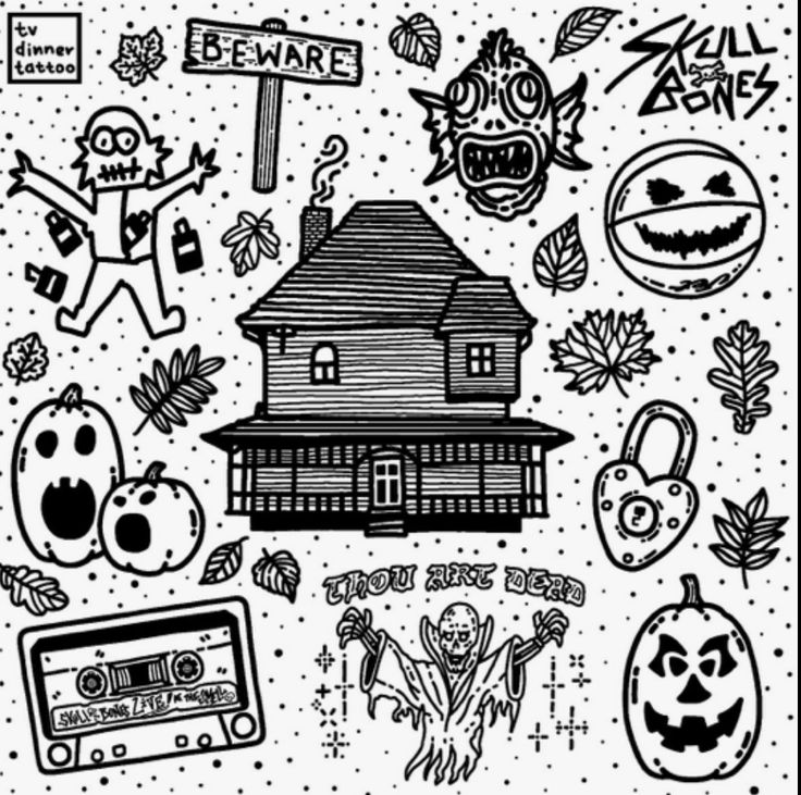 halloween doodles and stickers on a white background with black ink, including an image of a house