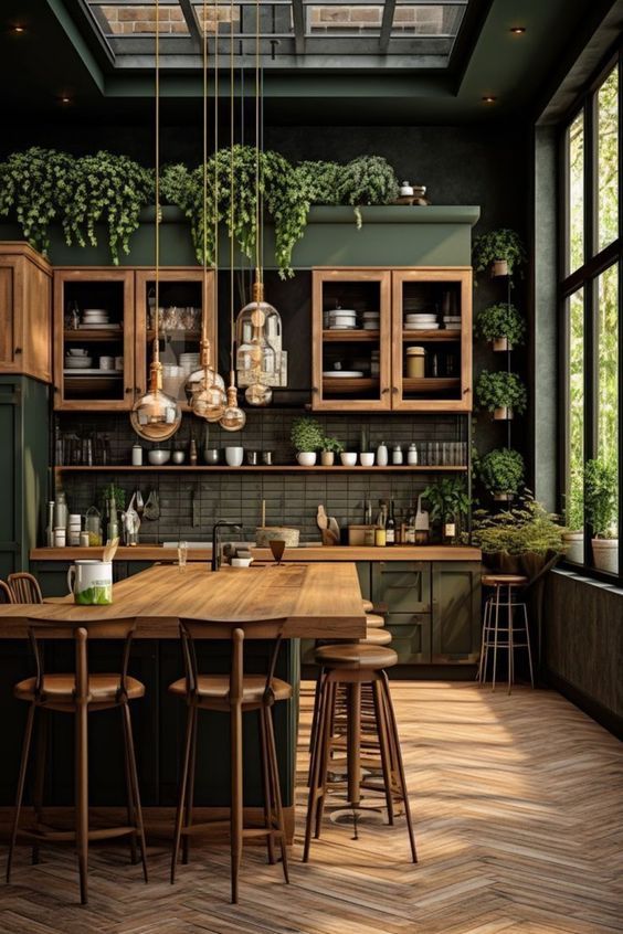 a kitchen with wooden floors and green walls