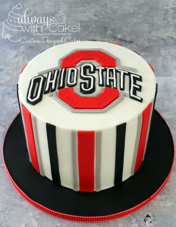 a cake decorated with the word ohio state on it's front and side stripes