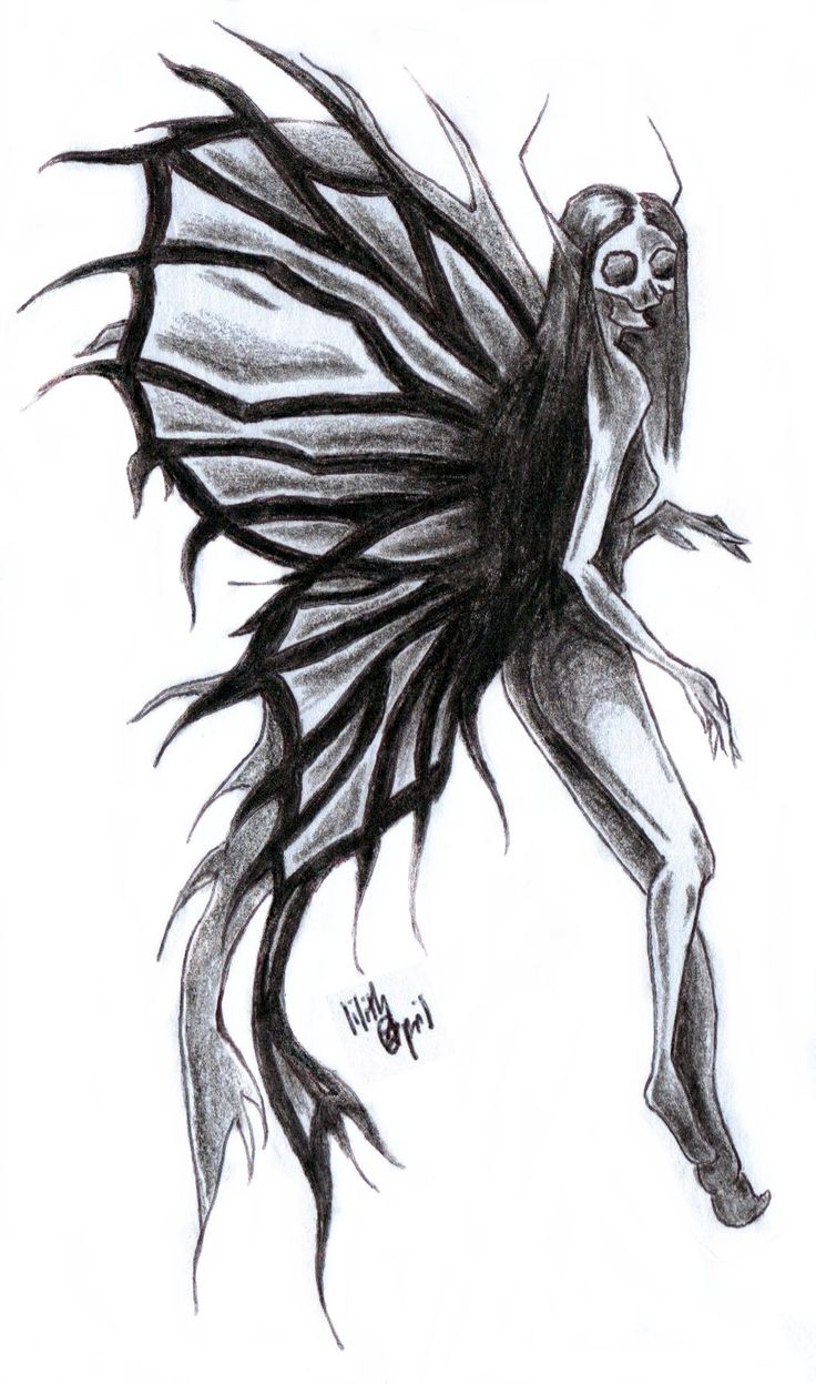 a black and white drawing of a fairy