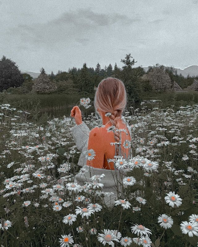 a woman sitting in a field of daisies