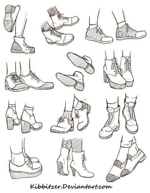 a bunch of different shoes that are drawn in pencil on white paper, with the caption