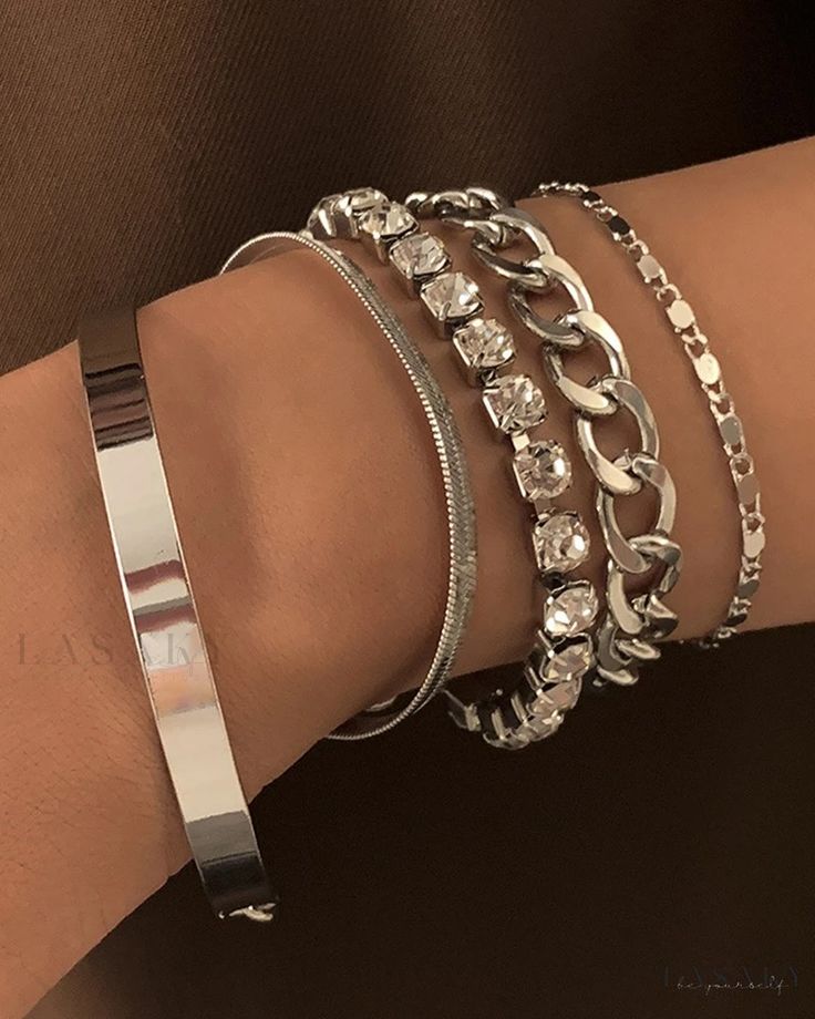 Lasaky - Set of Five Womens Fashion Bracelets Featuring Elegant Faux Diamond Accents and Geometric Cutouts Silver Bracelet Stack, Wedding Bride Jewelry, Bracelet Set Silver, Bracelets Design, Hair Accessories Gift, Simple Bracelets, Hand Jewelry, Rhinestone Bracelet, Bracelet Stack