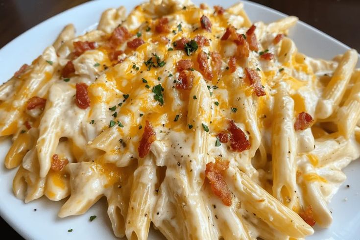 a white plate topped with macaroni and cheese