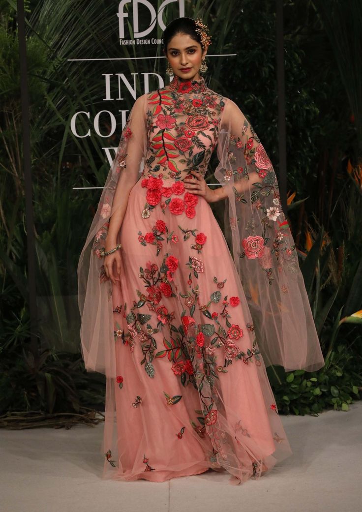 Varun Bahl-Pink Floral Embroidered Tulle Gown-INDIASPOPUP.COM Pink Tulle Gown, Floral Thread Embroidery, Varun Bahl, Tulle Cape, Embroidered Tulle, Cape Sleeves, Tulle Gown, Indian Fashion Designers, Heritage Fashion