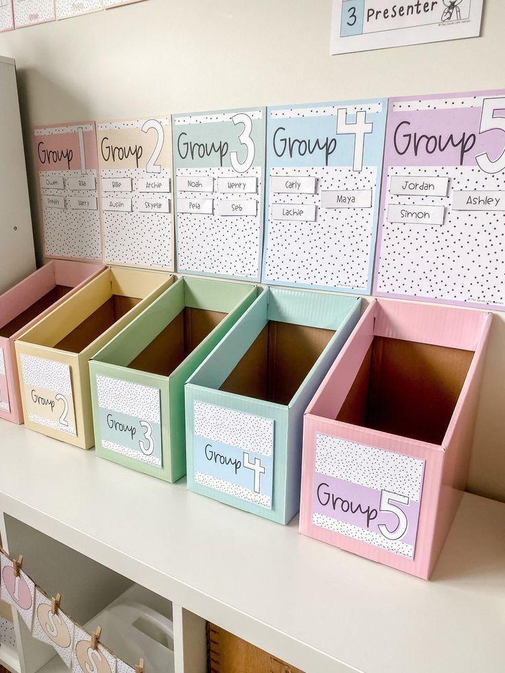 several boxes are lined up on the shelf in front of each other, labeled with groups