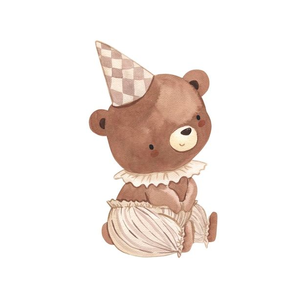 a brown teddy bear sitting on top of a ball of yarn wearing a party hat