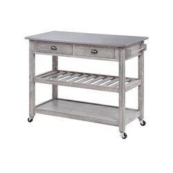 a gray kitchen island with two drawers on casteors and one shelf underneath the top