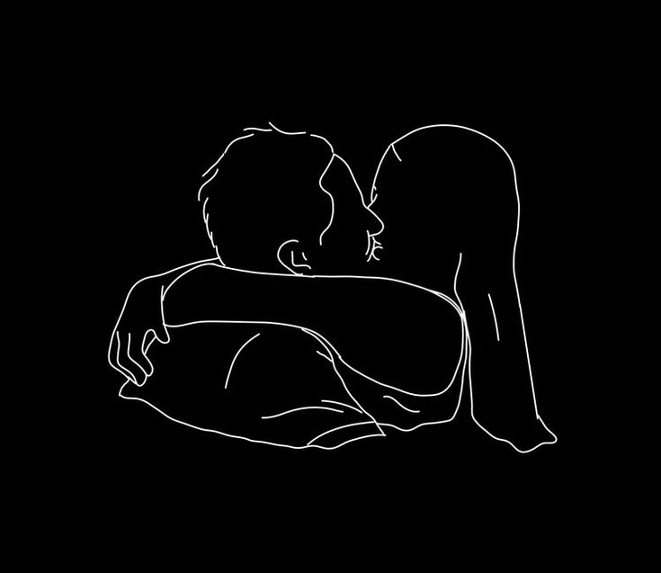 a black and white drawing of two people hugging each other on a dark background,