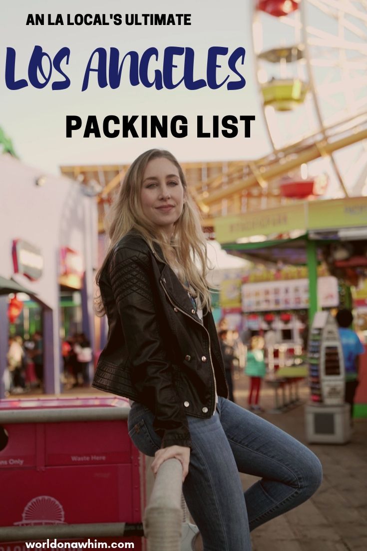 a woman standing in front of a carnival ride with the words los angeles packing list