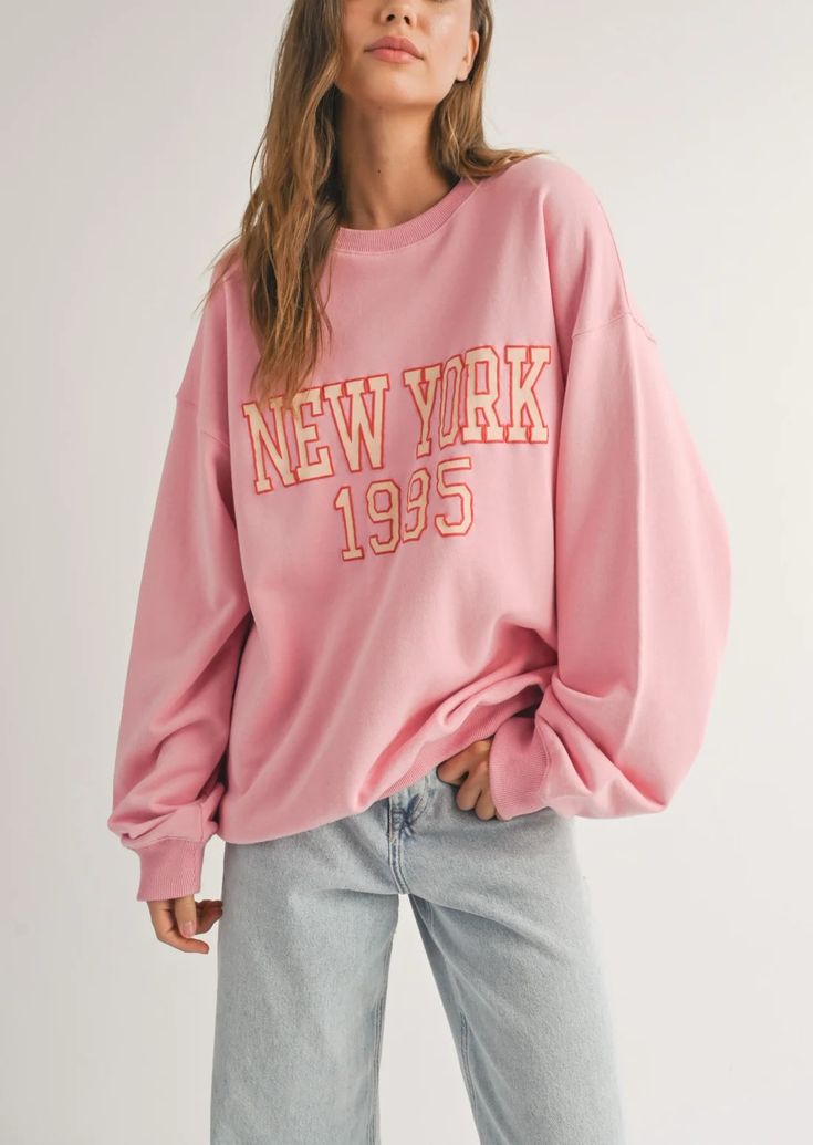 New York Pink Sweatshirt | Evercado Nursing Friendly Tops, Nursing Friendly Dress, Plus Swim, New York Sweatshirt, Plus Jumpsuit, Red Peach, 90s Vibes, Exclusive Dress, Fun Sweatshirts