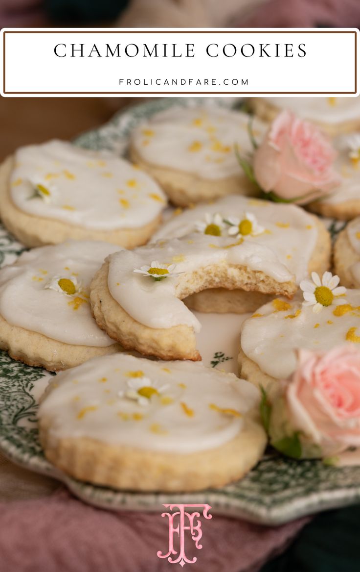 image of round sugar cooke with frosting with bite taken out of it, to make it look like a moon Chamomile Tea Cookies, Kitchen Witch Cookies, Chamomile Recipes Food, Herbal Cookie Recipes, Calendula Cookies, Not Too Sweet Cookies, Tea Flavored Cookies, Cookies With Herbs, Lightly Sweet Desserts