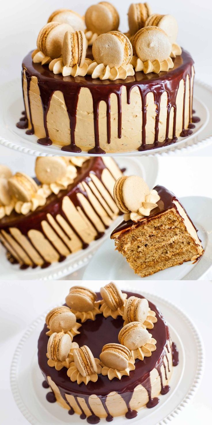 three different views of a cake with nuts on top