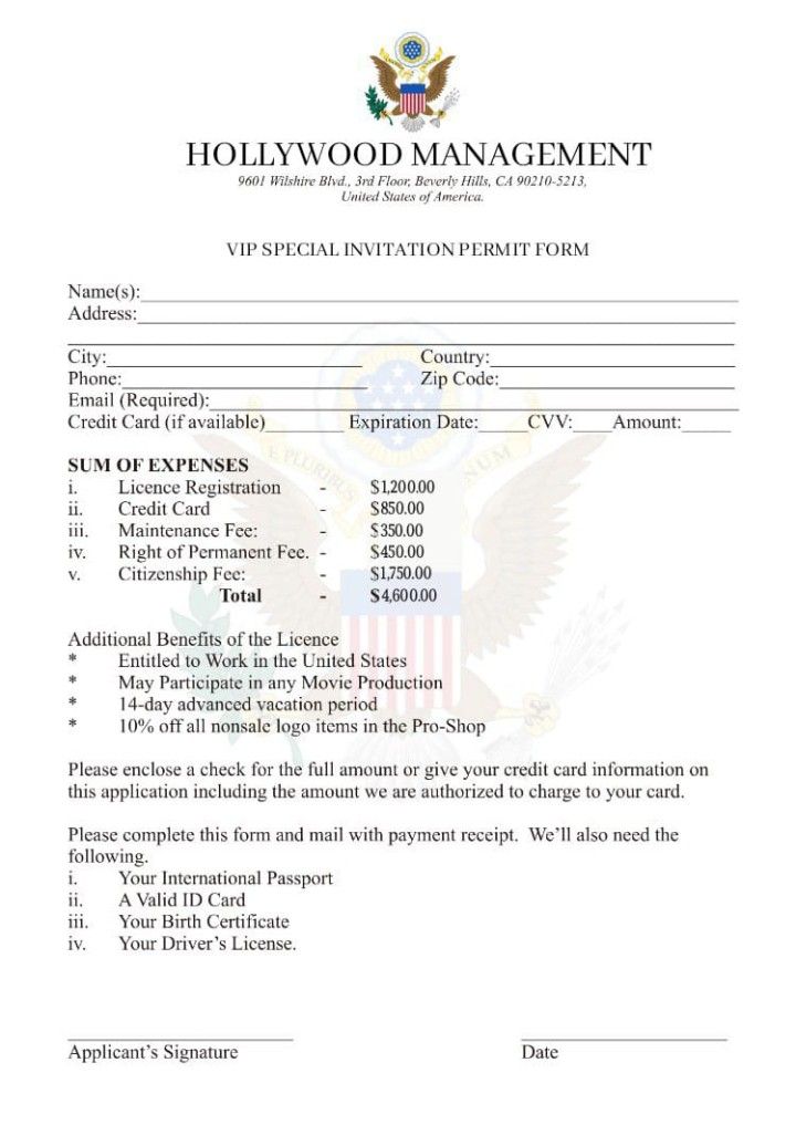 a printable sample of the hollywood management form, with an eagle and flag on it