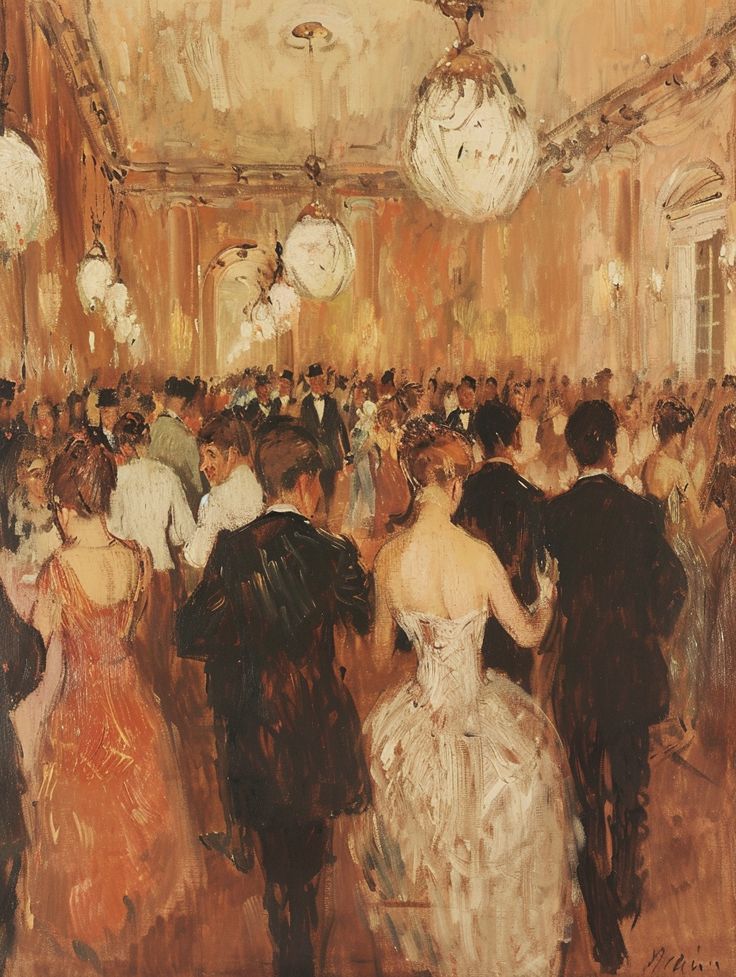 #OilPainting #BallroomParty #MaximeMaufraStyle #VictorianEra #ElegantAttire #TheCandie Regency Era Ballroom, Victorian Era Party, Ballroom Drawing, Party Oil Painting, Victorian Ballroom, Ballroom Party, Light Brown Background, Elegant Ballroom, Aesthetic Bible