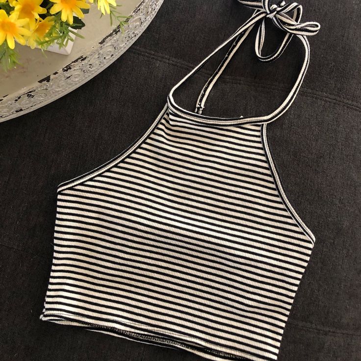 Nwt! Tilly’s Crop Halter Top Never Worn Great Condition Spring Striped Halter Top, Striped Halter Neck Top For Spring, Striped Halter Top For Spring And Summer, Striped Sleeveless Casual Halter Top, Casual Striped Sleeveless Halter Top, Casual Black Halter Top For Vacation, Striped Halter Neck Top For Summer, White Casual Halter Neck Tank Top, White Halter Neck Tank Top