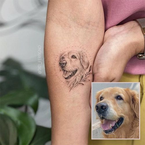 a dog's face is shown on the left side of this woman's arm